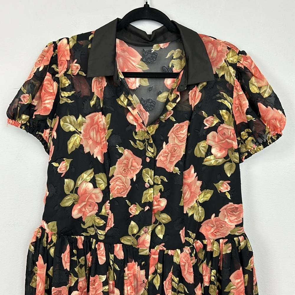 Unique Vintage Black Floral Fit-and-Flare Dress with Peach Roses - Picture 7 of 13